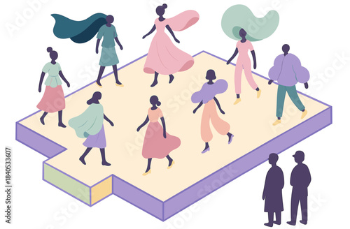 Diverse fashion show with stylized figures in elegant outfits on catwalk