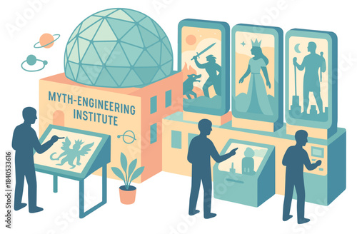 Myth-engineering institute illustrative design with interactive displays and celestial elements