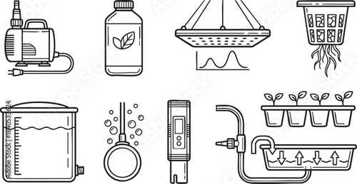 Hydroponic system components including pump nutrient bottle net pot and seedling tray hydroponics