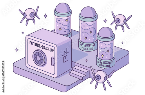 Futuristic backup technology with alternative timeline capsules and floating drones