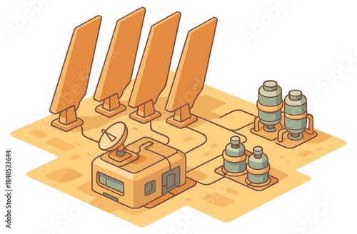 Futuristic desert solar power plant with satellite dish and cylindrical tanks