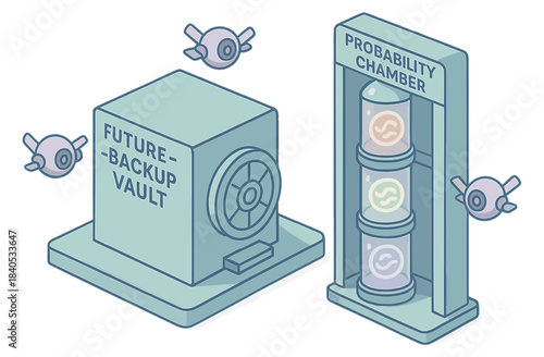 Future backup vault and probability chamber with surveillance drones