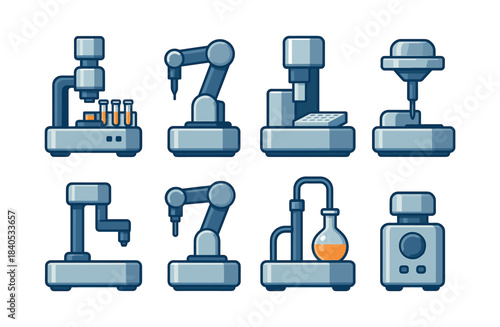 Laboratory equipment collection, robots, microscopes, flat vector illustration