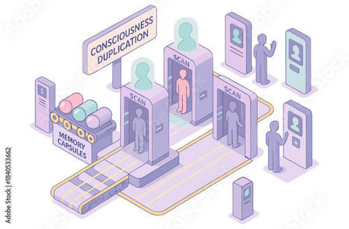 Futuristic consciousness duplication process with memory capsules