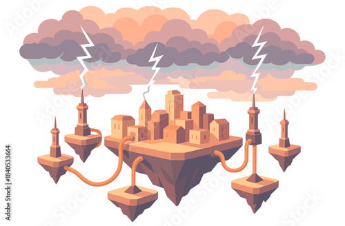Floating island city with lightning towers and dramatic cloudscape
