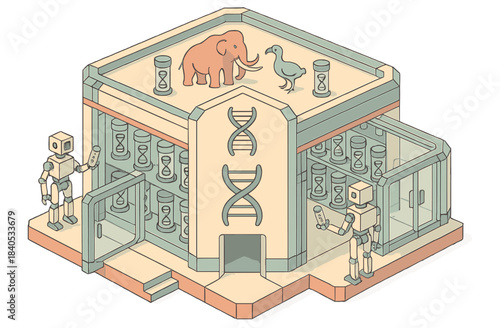 Futuristic genetic research facility with robots and extinct animal symbols