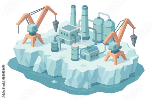 Isometric industrial plant on iceberg with machinery and pipelines