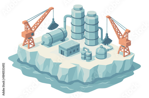 Isometric offshore oil rig with cranes and storage tanks on iceberg