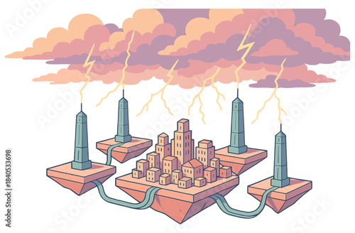 Floating futuristic city with lightning towers and thunderous sky