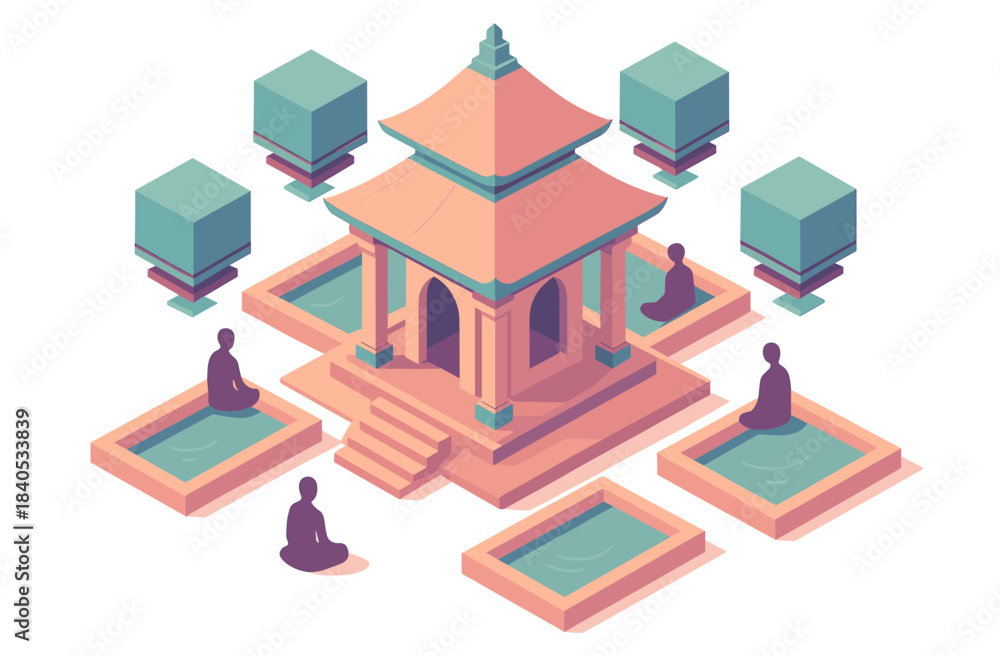 Fototapeta premium Isometric zen temple with meditating figures and tranquil pools