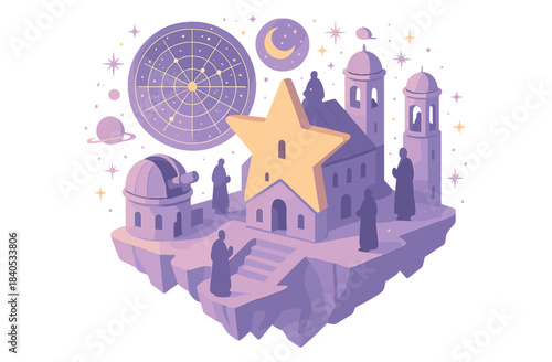 Starry observatory on floating island with astronomers and celestial map