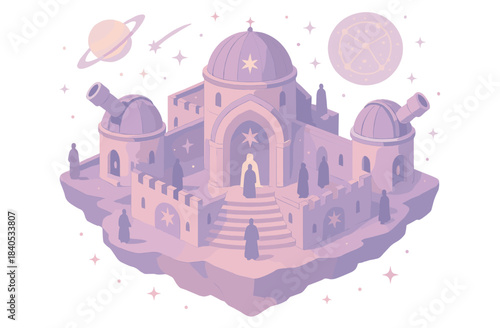 Fantasy observatory palace with telescopes and astronomical elements