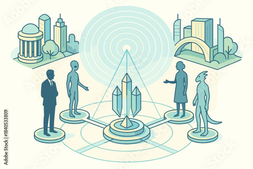 Futuristic meeting: humans, aliens, and cityscape in a digital network