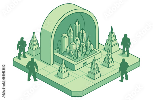 Urban diorama with people and geometric towers symbolizing modern architecture