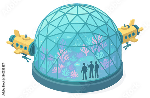 Futuristic underwater dome aquarium with submarine observation