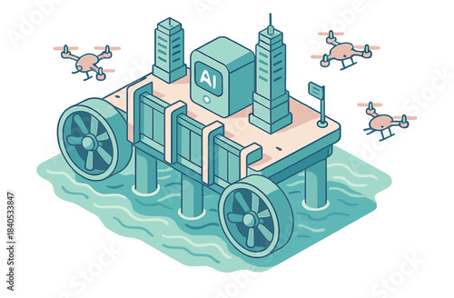 Futuristic floating ai city with drones and wind turbines