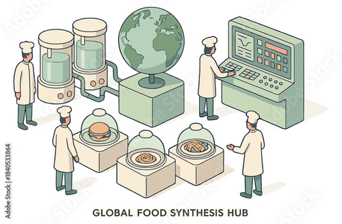 Technology-driven culinary science: global food synthesis hub with diverse chefs and advanced systems