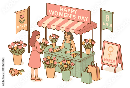 Women's day celebration market with tulips and female customers