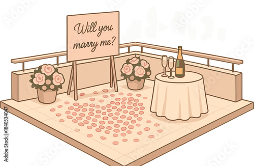 Rooftop marriage proposal setup with floral decoration and champagne on table