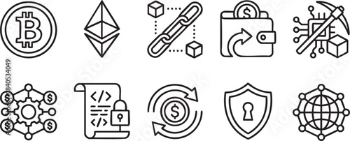 Bitcoin Ethereum blockchain wallet mining code security network icons technology cryptocurrency