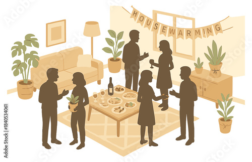 Illustration of diverse adults at a housewarming party, engaging in conversations with food and plants