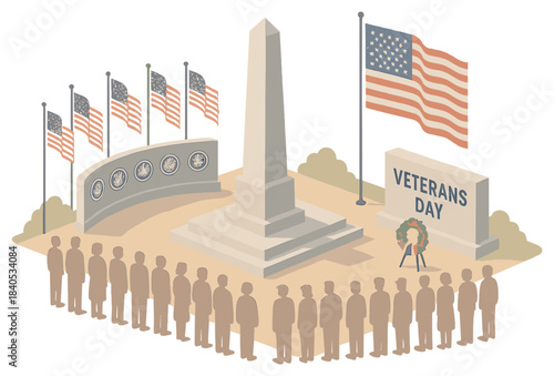 Veterans day memorial with flags and obelisk monument surrounded by gathering crowd