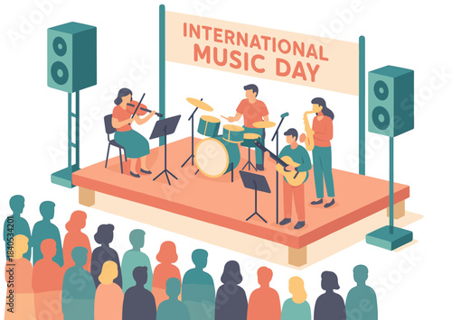 International music day celebration with diverse musicians on stage and engaged audience