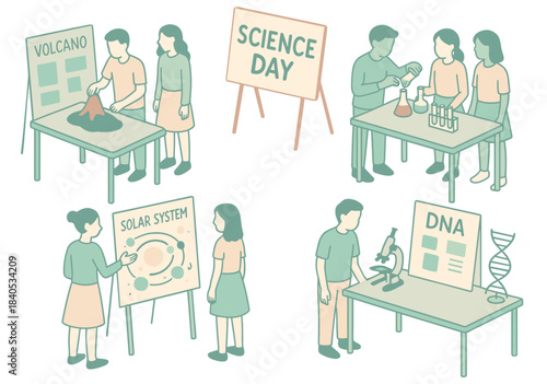 Science day activities: volcanoes, solar systems, dna, experiments by diverse students