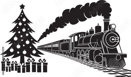Silhouette Christmas Tree with Steam Train and Presents. Holiday Winter Scene Vector