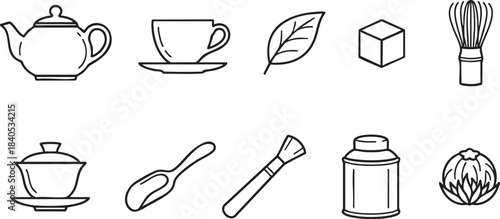 Black outline icons of tea ceremony objects and ingredients on white background teapot saucer