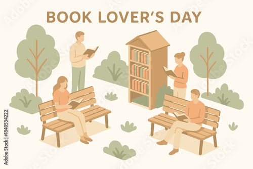 Book lover's day celebration with young caucasian adults reading in park