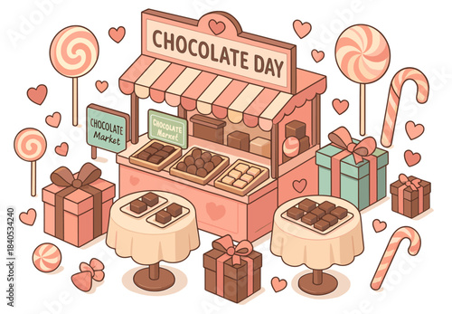 Chocolate day market stall with sweets and gift boxes in festive setting