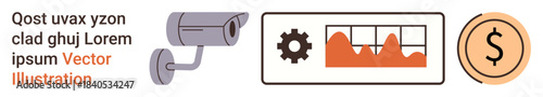 Security systems, financial management, business analysis, data analytics, artificial intelligence, monitoring tools. Surveillance camera, graph display and dollar icon. Security systems