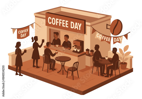 Coffee day celebration at outdoor cafe with diverse customers enjoying drinks