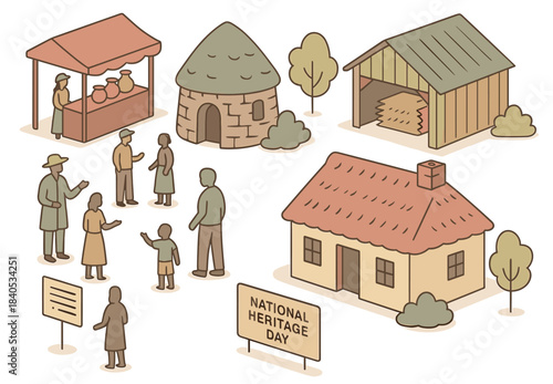 Illustrated national heritage day scene with families and historical structures