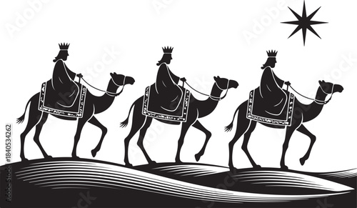 Silhouette Three Kings on Camels with Bethlehem Star. Nativity Epiphany Desert Scene Vector