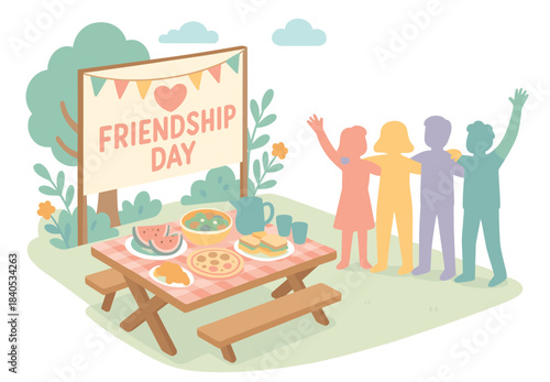 Friendship day celebration with picnic and diverse silhouettes in park