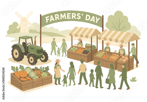 Farmers' day celebration at local produce market with caucasian adults and children
