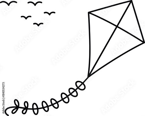 Kite flying line drawing, playful sky sketch, black silhouette art, outdoor leisure icon, minimalist birds, nature themed illustration
