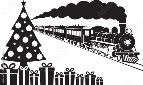 Silhouette Christmas Tree with Steam Train and Presents. Holiday Winter Scene Vector