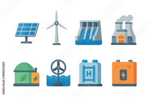 Renewable energy sources, eco icons, flat vector illustration, wind, solar, hydro