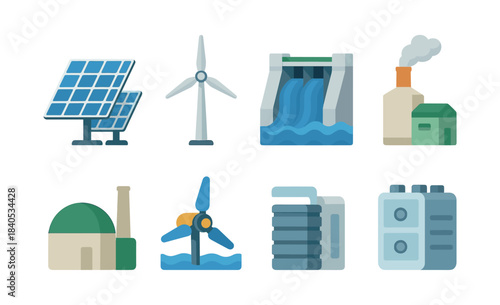 Renewable energy sources, solar, wind, and hydro, flat vector illustration