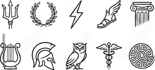 Collection of ancient Greek mythological symbols and icons in black outline mythology trident