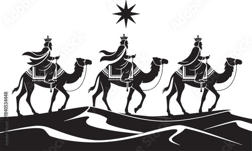 Silhouette Three Kings on Camels with Bethlehem Star. Nativity Epiphany Desert Scene Vector