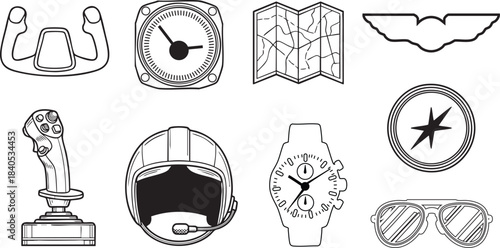 Collection of aviation and travel icons including joystick, helmet, watch, map, compass, and sunglasses
