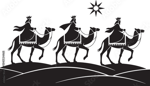 Silhouette Three Kings on Camels with Bethlehem Star. Nativity Epiphany Desert Scene Vector