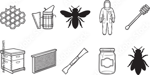 Collection of beekeeping equipment and bee illustrations in black and white line art honeycomb