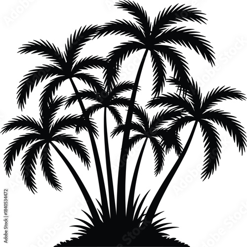 Palm tree silhouette cluster, tropical foliage design, black frond sketch, beach nature icon, summer vibe art, minimalist landscape illustration