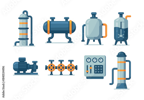 Industrial equipment set, machinery, pipes and valves, flat vector illustration