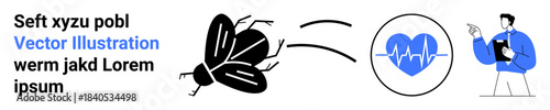 Disease transmission, health risks, pest control, epidemiology, infection studies, healthcare communication. A fly connects to a heart symbol and a doctor figure medical intervention . Disease